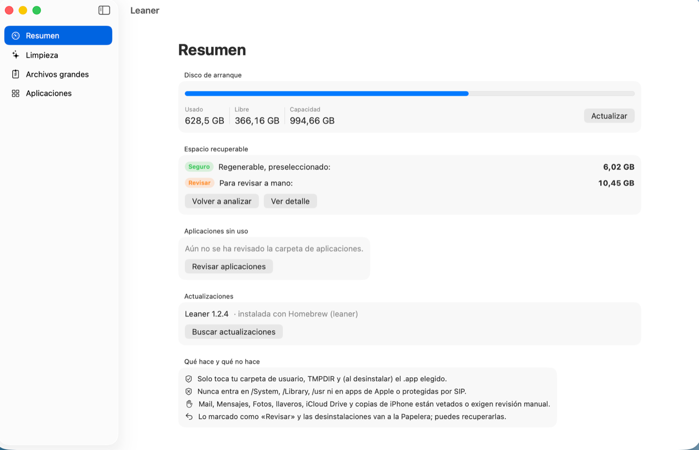 Leaner’s overview: disk usage, recoverable space and updates